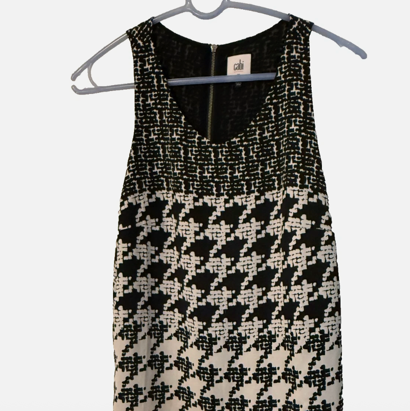 CAbi #3090 Broken Check Sleeveless Blouse Black White Houndstooth -XS