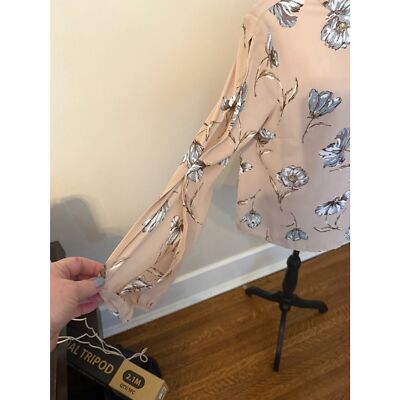 Monteau Long Sleeve Blouse Beige with purpl/grey /white Flowers NWT