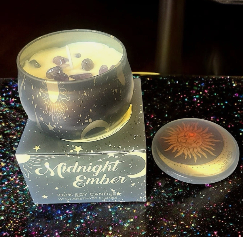 Costa Mesa 100% Soy Candle In Midnight Ember with Amethyst Stones