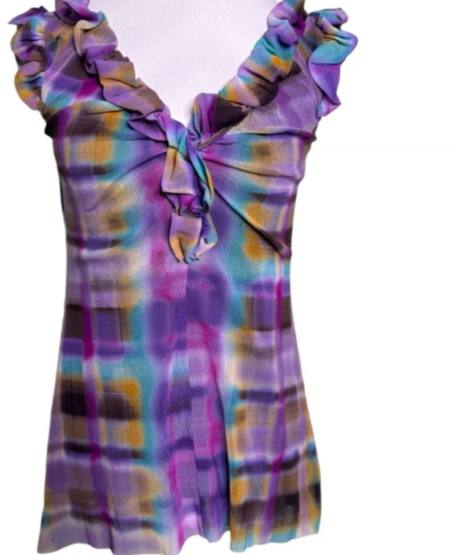 Anthropologie Weston Wear Purple Printed Ruffle Sleeveless Tie Dye Print Top Size Medium
