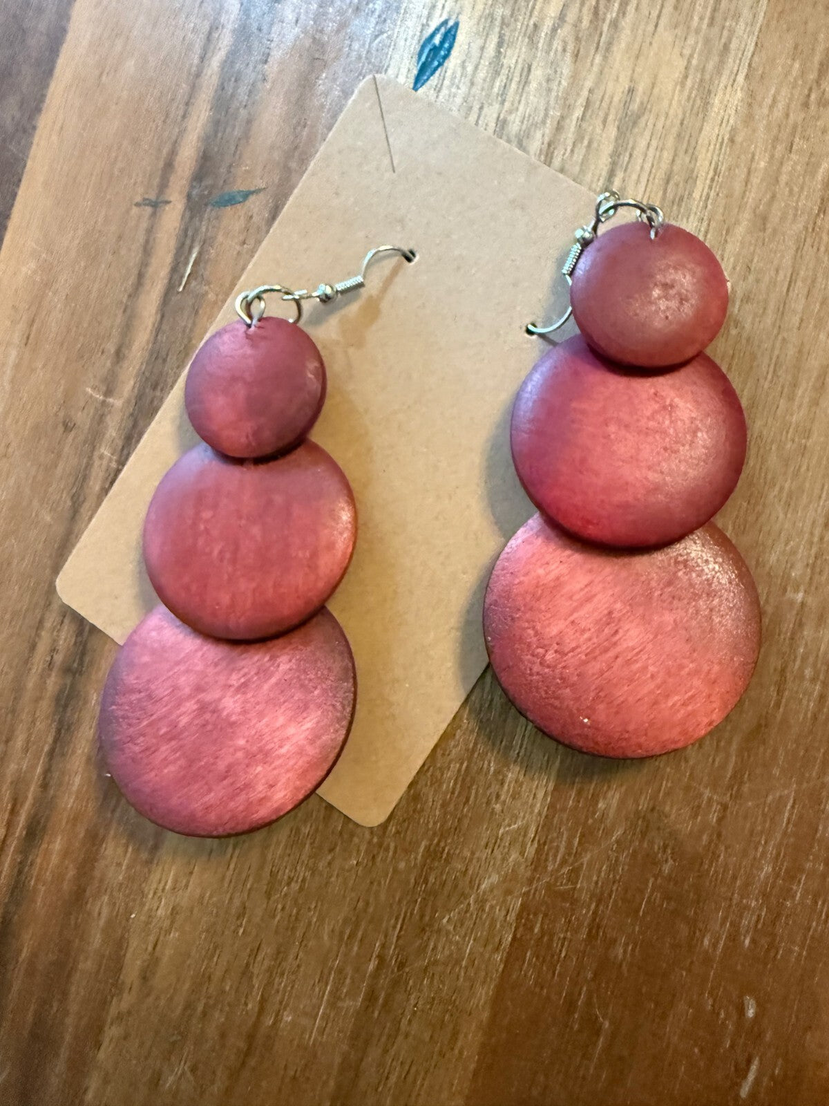 Women’s RED Drop Style Wooden Earrings Round Medium Lightweight Fashion