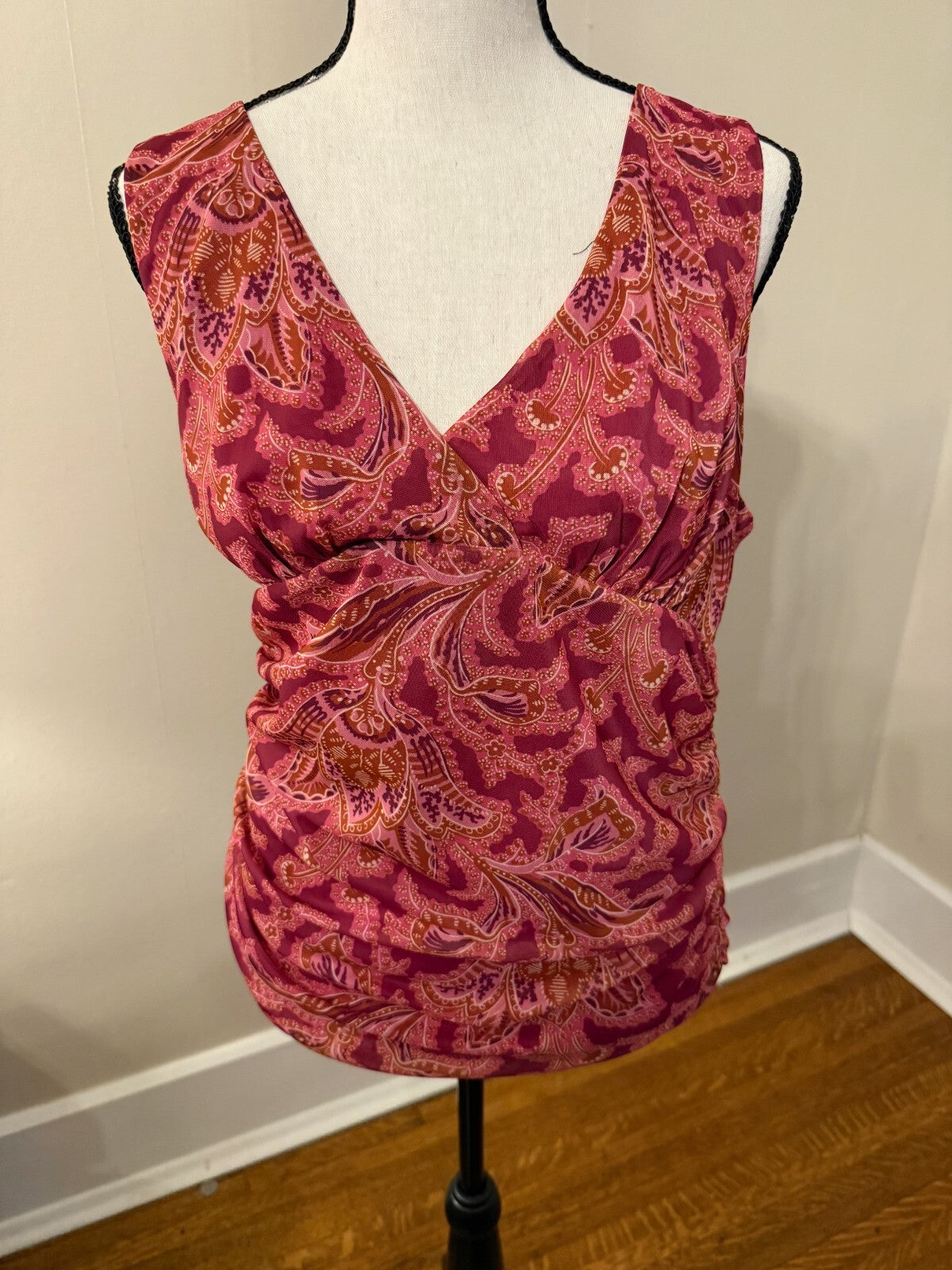 Anthropologie Magenta Burgundy Paisley Print Ruched Sleeveless Gauzy Tank Top L