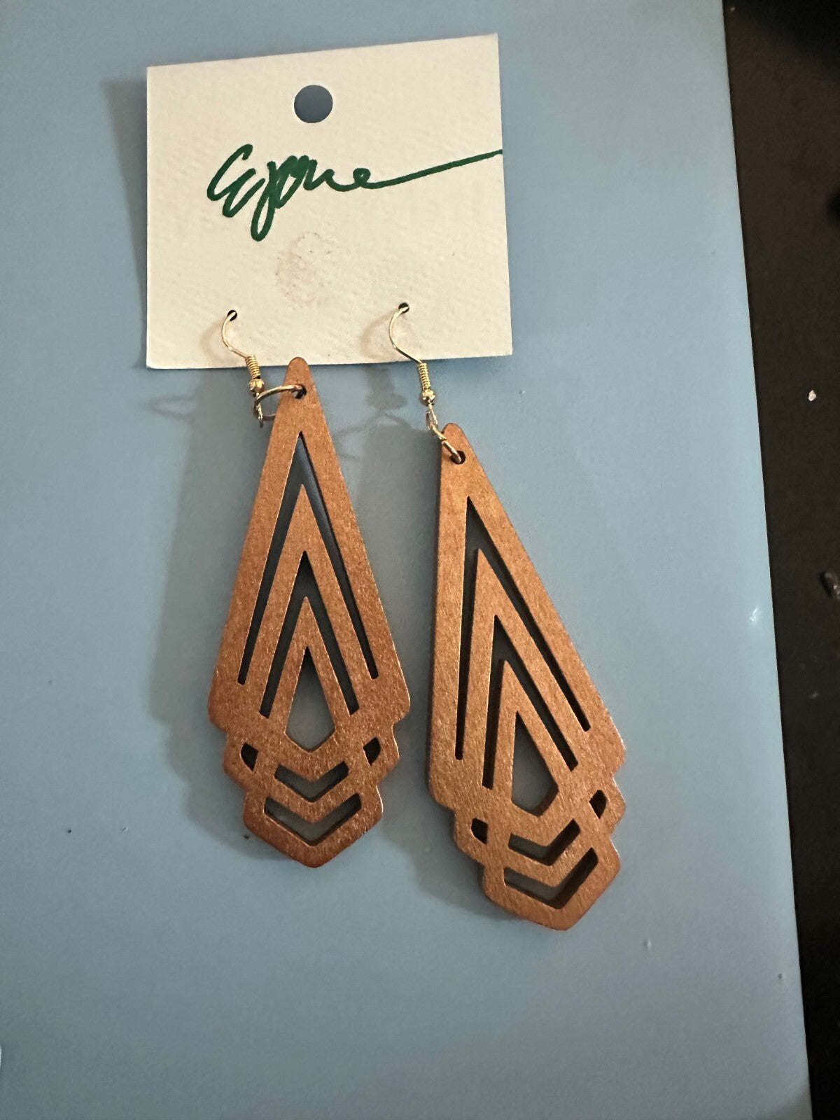 Wooden Earrings - Light Brown - Golden Glitter