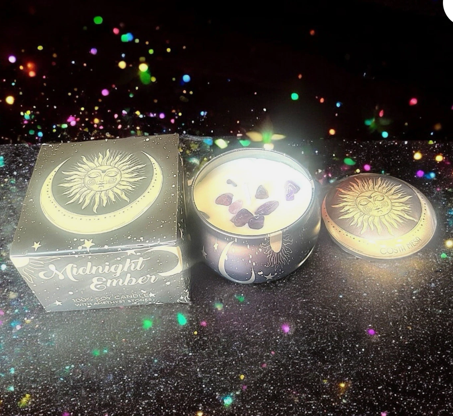 Costa Mesa 100% Soy Candle In Midnight Ember with Amethyst Stones