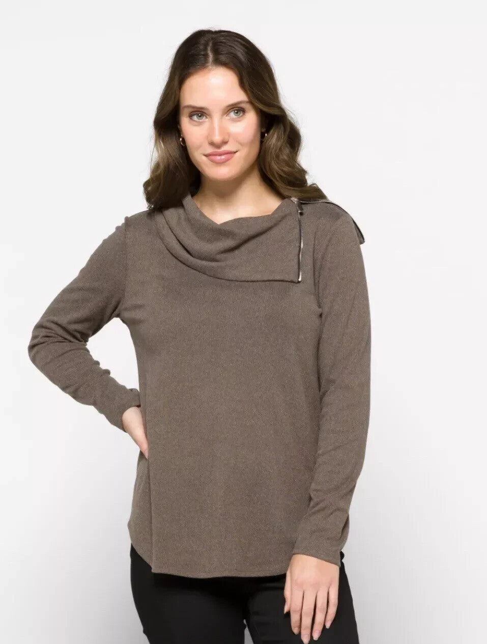 Fortune & Ivy Women's Med Brown Zipper Detail Cowl Neck Pullover Top NWOT