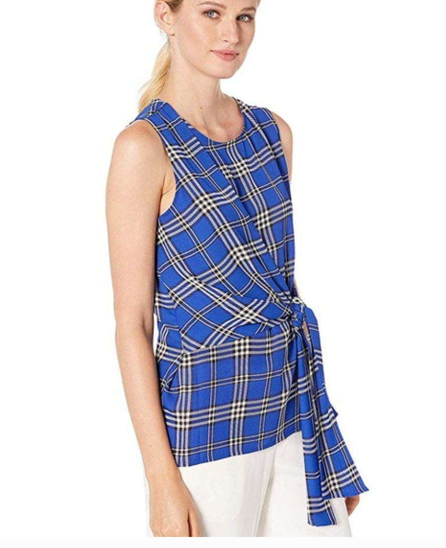 Vince Camuto - Women's Sleeveless Asymmetrical Tie Front Plaid Blouse - Size S