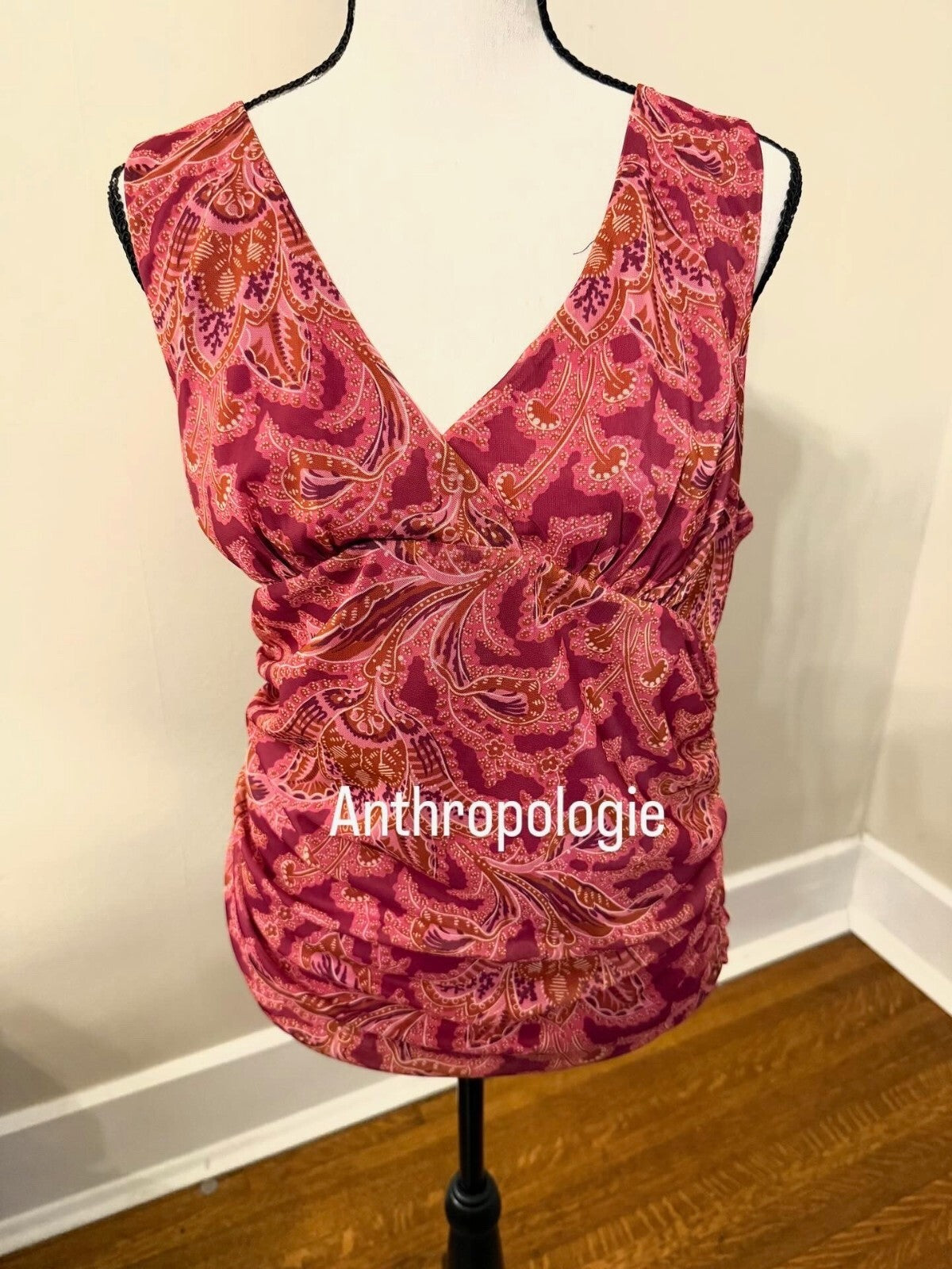 Anthropologie Magenta Burgundy Paisley Print Ruched Sleeveless Gauzy Tank Top L