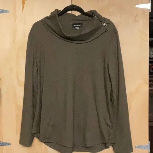 Fortune & Ivy Women's Med Brown Zipper Detail Cowl Neck Pullover Top NWOT