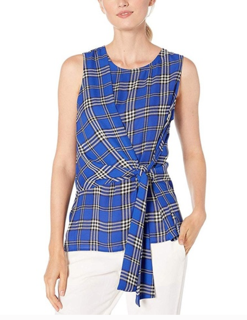 Vince Camuto - Women's Sleeveless Asymmetrical Tie Front Plaid Blouse - Size S