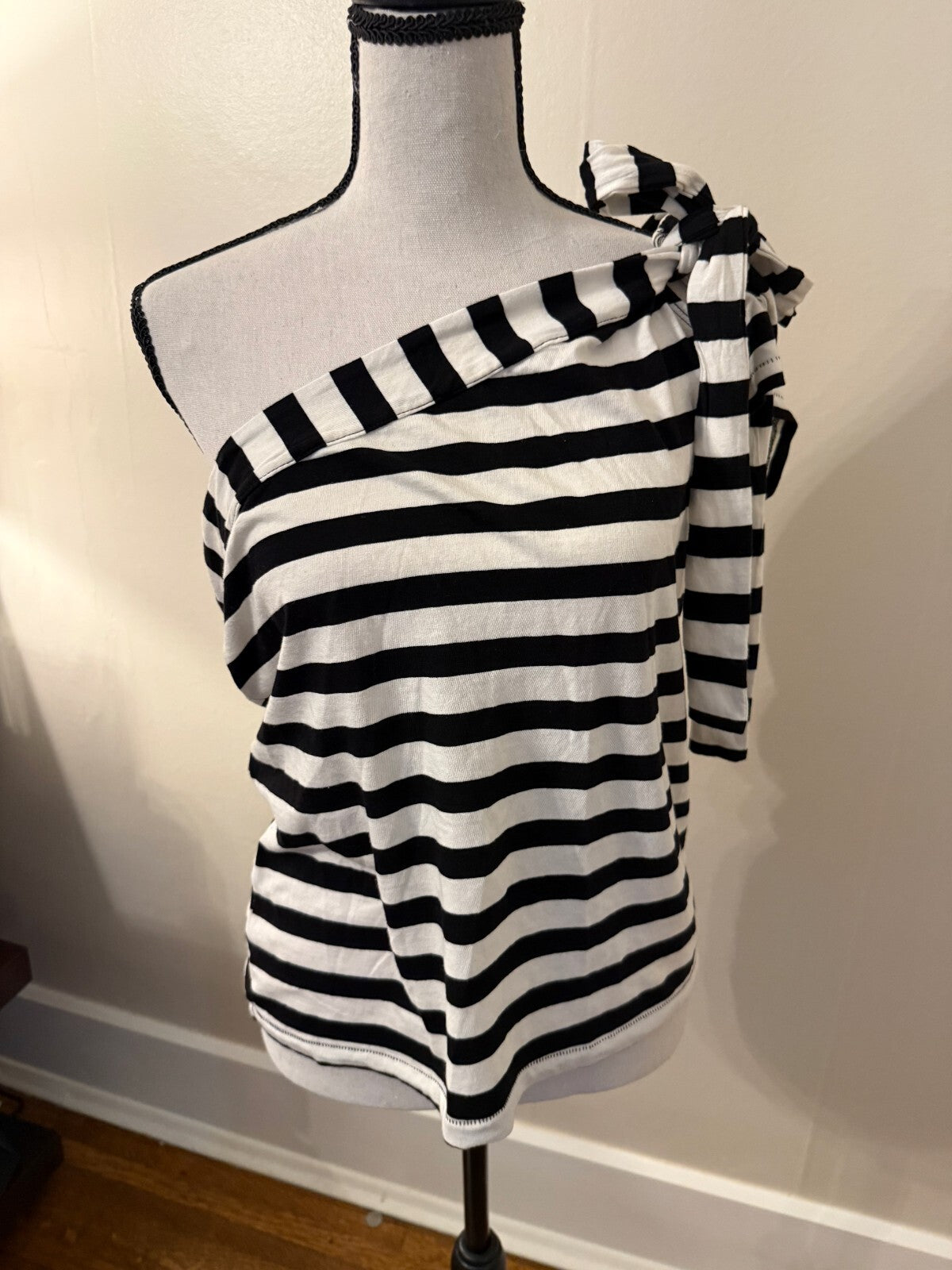SOLD Maeve Anthropologie Black White Stripe One Shoulder Bow Tie T-Shirt Top Medium M