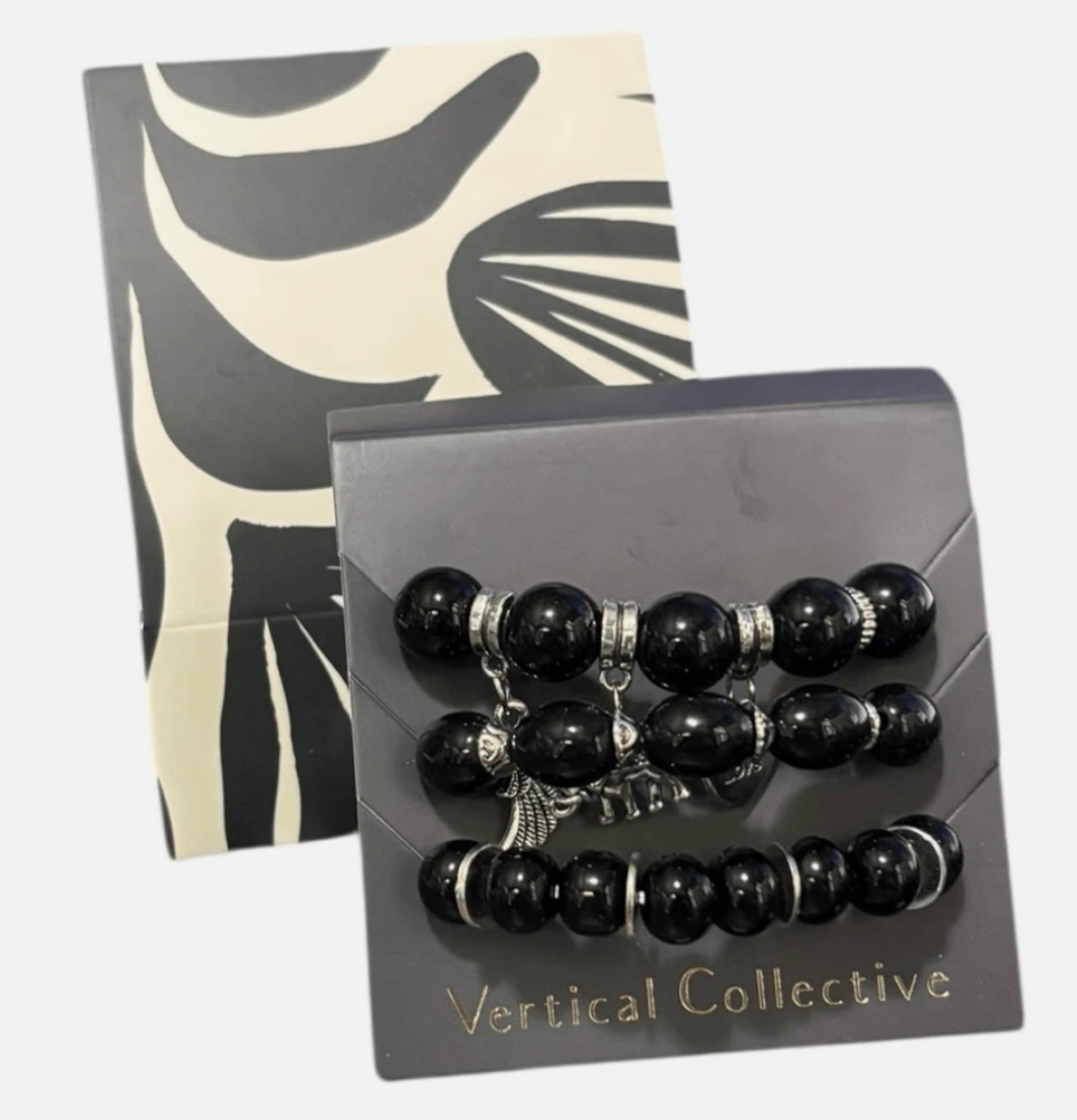 Vertical Collective Black Beaded Bracelet Set with Charms - NEW IN BOX