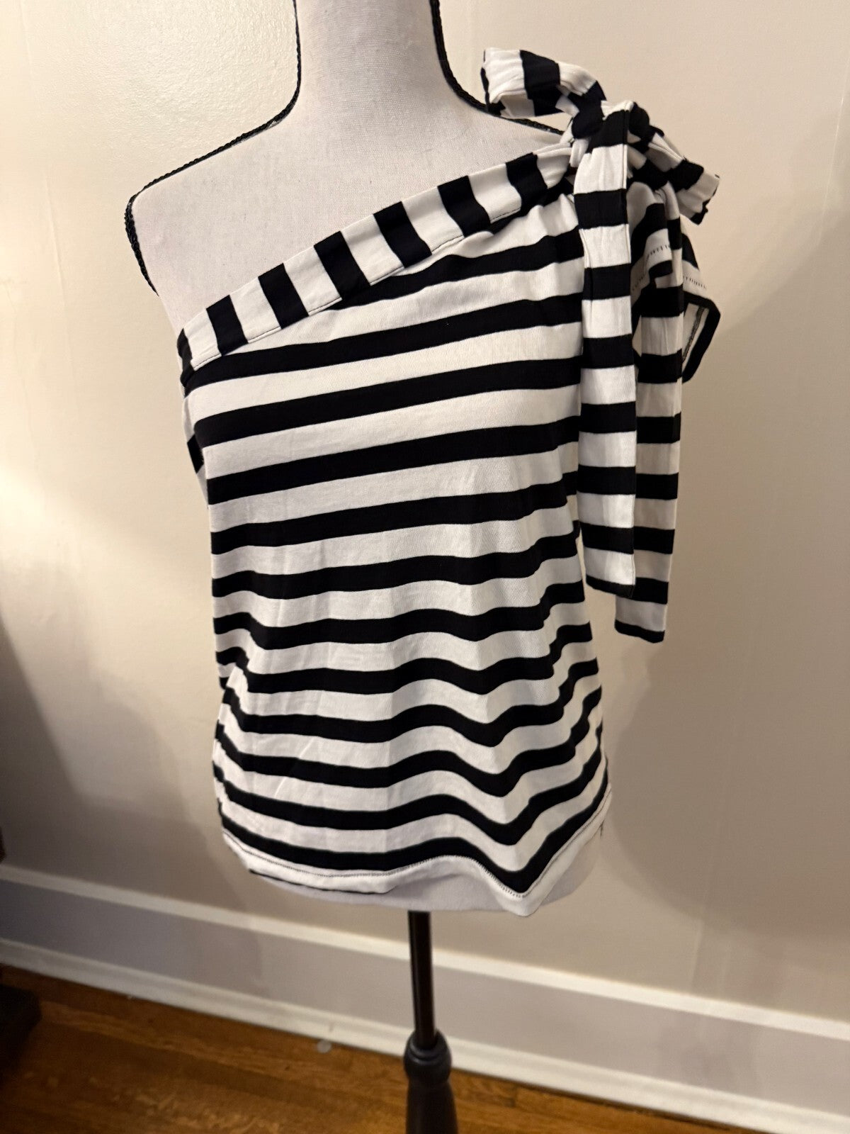 SOLD Maeve Anthropologie Black White Stripe One Shoulder Bow Tie T-Shirt Top Medium M
