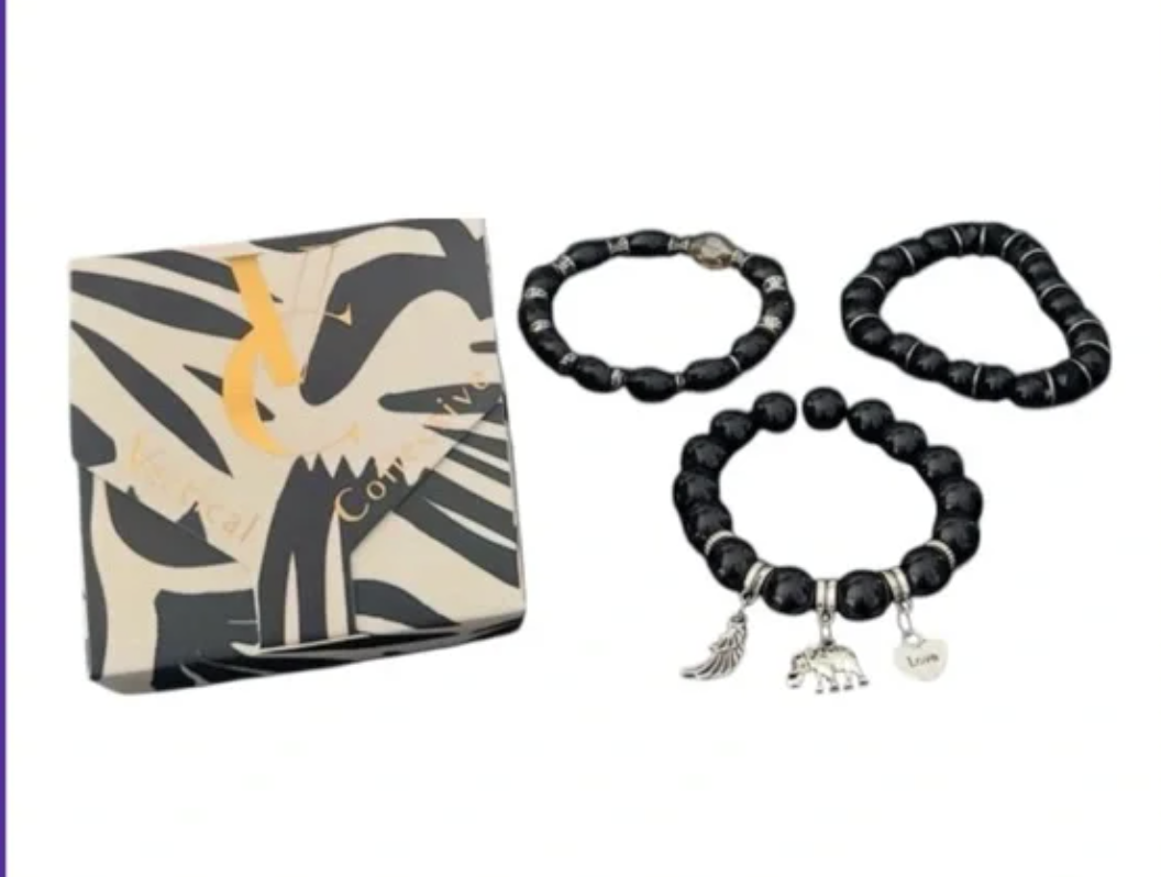 Vertical Collective Black Beaded Bracelet Set with Charms - NEW IN BOX