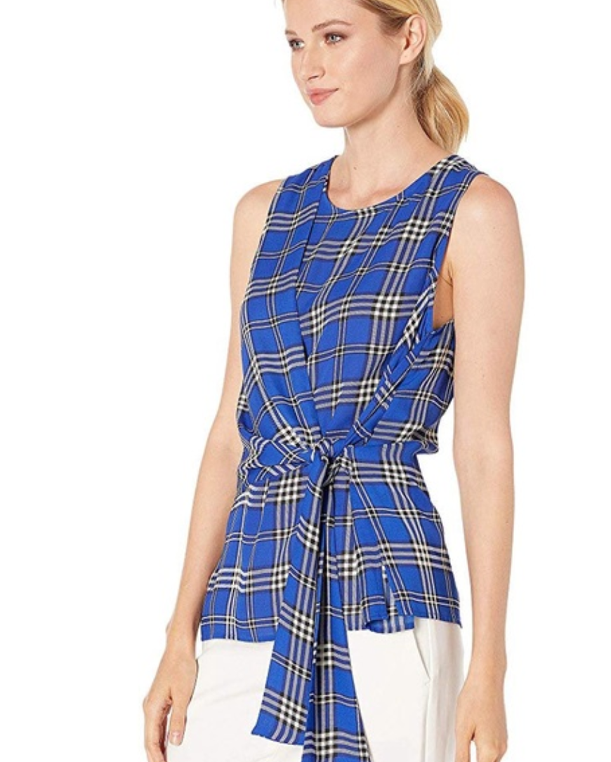 Vince Camuto - Women's Sleeveless Asymmetrical Tie Front Plaid Blouse - Size S
