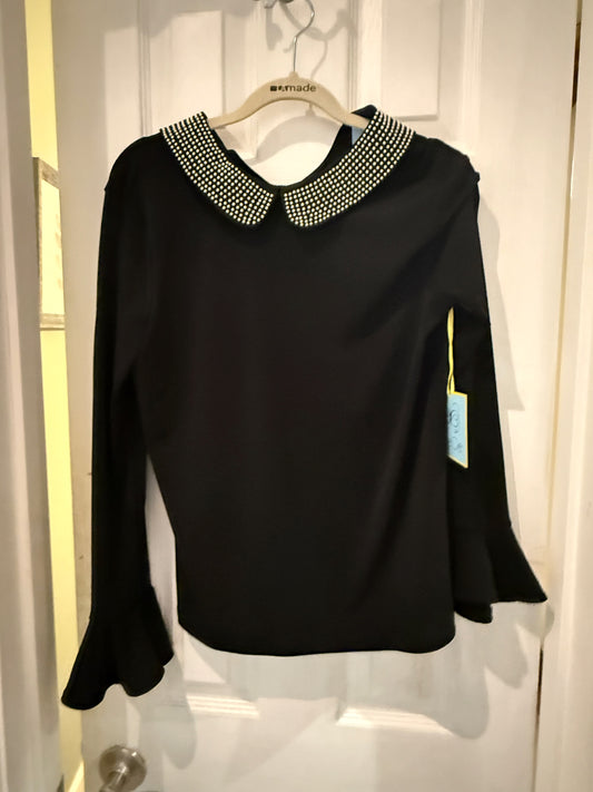 CeCe Black Blouse With Pearl Collar NWT Size Small