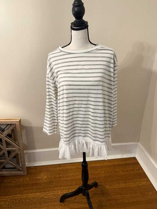 Hopely Women White and Grey Ruffle Hem Long Sleeve T- Medium