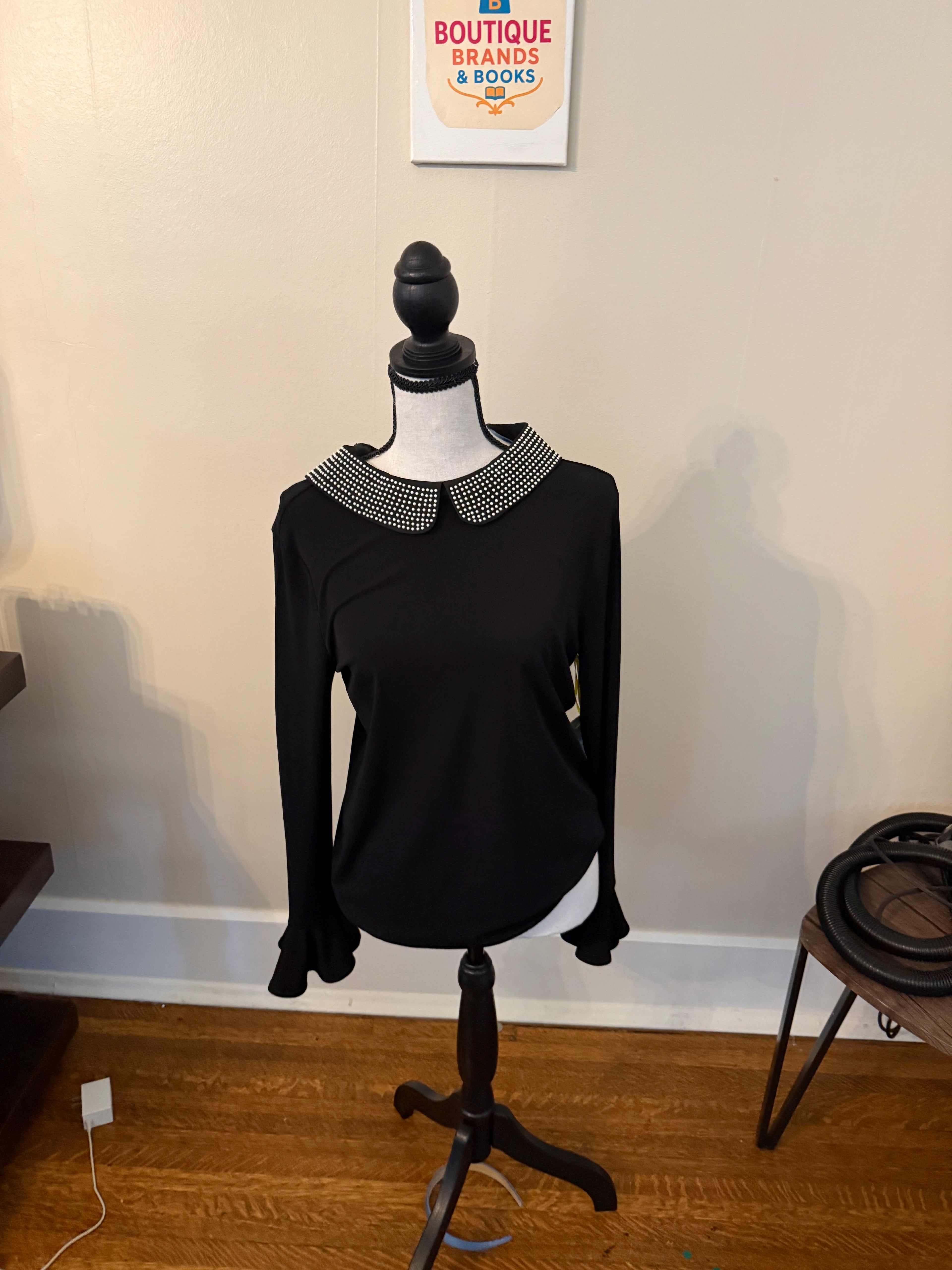 CeCe Black Blouse With Pearl Collar NWT Size Small