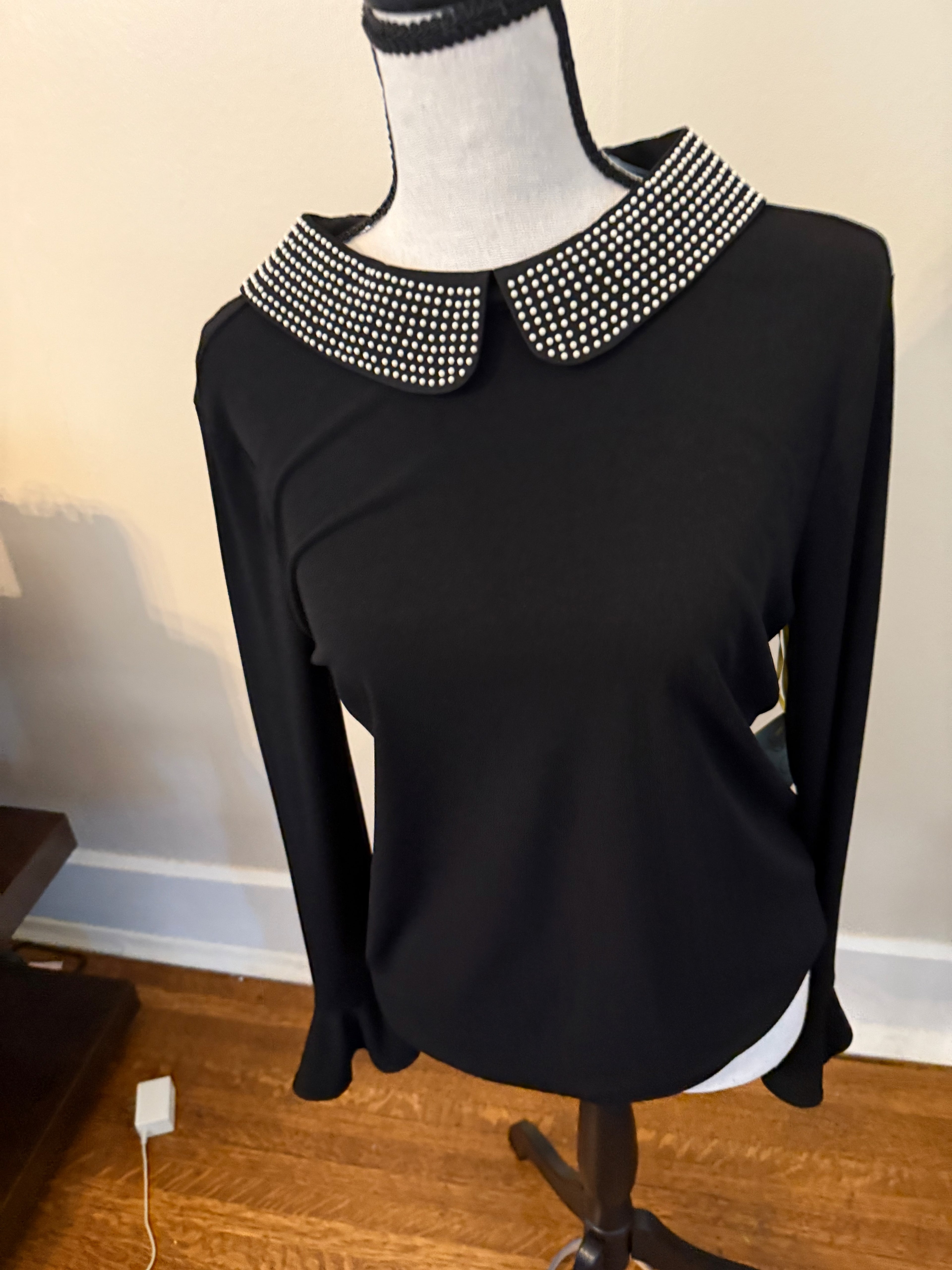 CeCe Black Blouse With Pearl Collar NWT Size Small