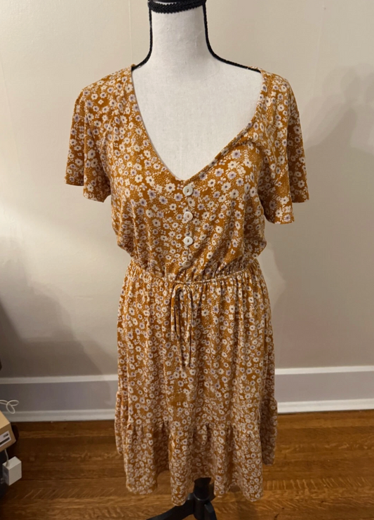 Kailey Floral V Neck Flutter Sleeve Midi Dress in Mustard Seed Size M