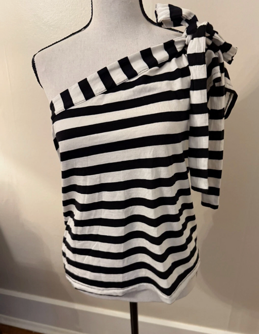 Maeve Anthropologie Black White Stripe One Shoulder Bow Tie T-Shirt Top Medium M