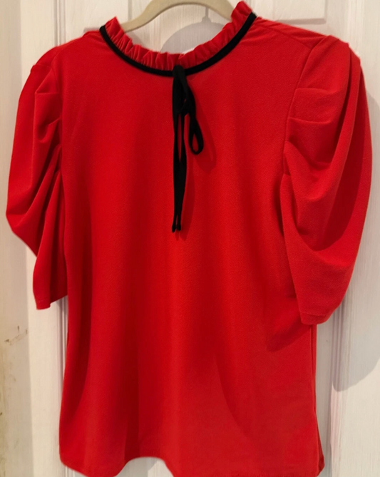 Share CeCe Tie Neck Smocked Shoulder Top Poppy Red Size XS
